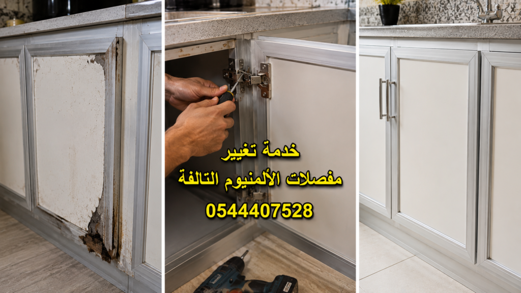 صورة مقسمة لثلاثة أجزاء توضح مراحل صيانة دواليب المطبخ الألمنيوم. الجزء الأيسر يعرض باب دولاب متهالك وتالف بشدة. الجزء الأوسط يوضح استخدام مفك براغي لتثبيت مفصلة جديدة، بعنوان خدمة تغيير مفصلات الألمنيوم التالفة 0544407528. الجزء الأيمن يعرض دواليب مطبخ متناسقة ونظيفة ومغلقة بإحكام بعد الصيانة.
