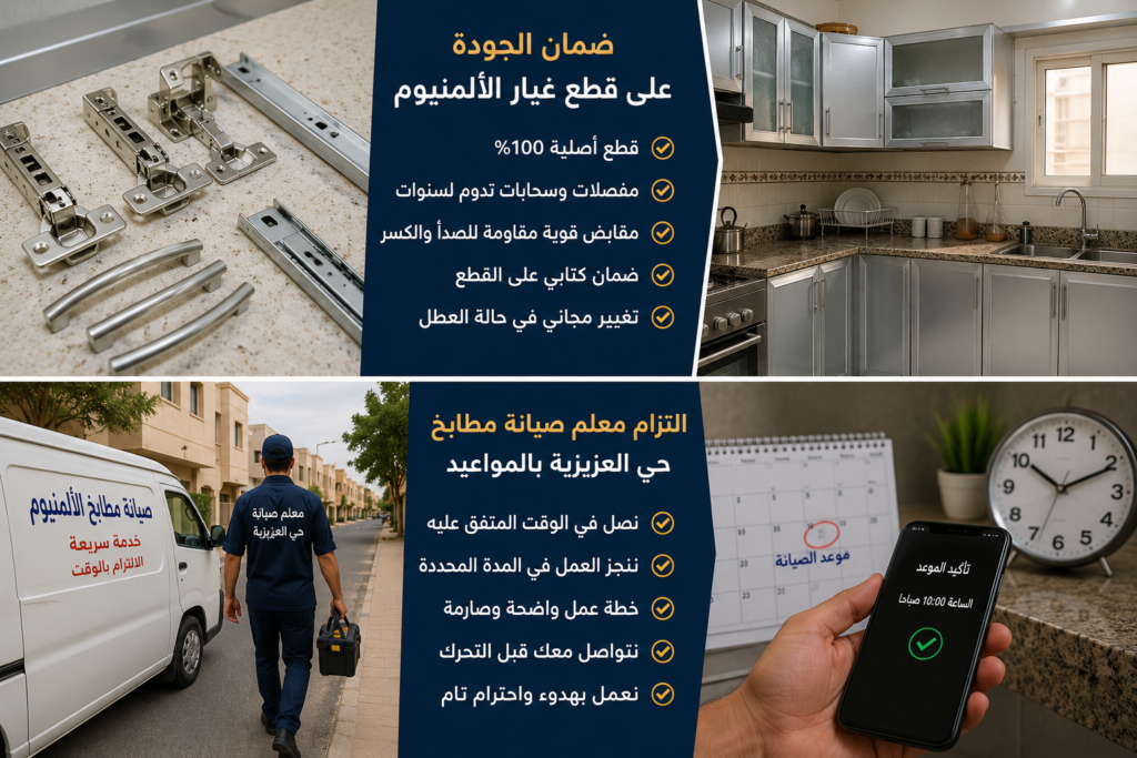 لجزء العلوي يعرض قطع غيار أصلية من مفصلات وسحابات ومقابض بجانب مطبخ متناسق، مع نصوص تؤكد توفير ضمان كتابي وتغيير مجاني. الجزء السفلي يعرض تأكيد موعد صيانة عبر الهاتف وفنيا متجها للعمل، مع نصوص تؤكد الوصول بالوقت وإنجاز العمل بهدوء واحترام.