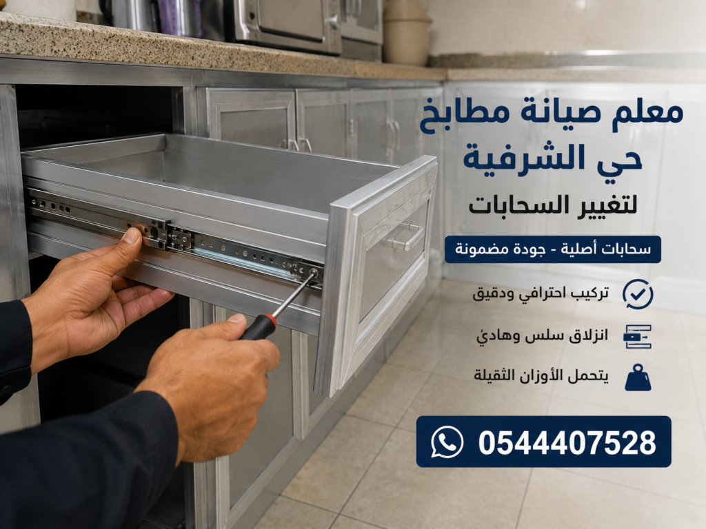 صورة إنفوجرافيك بعنوان معلم صيانة مطابخ حي الشرفية لتغيير السحابات. يعرض المشهد درج مطبخ ألمنيوم أثناء عملية تغيير السحابات باستخدام مفك براغي لتثبيت سحابات أصلية، مع نصوص تؤكد على تقديم تركيب احترافي ودقيق، وانزلاق سلس وهادئ يتحمل الأوزان الثقيلة، بالإضافة إلى إبراز رقم التواصل 0544407528.
