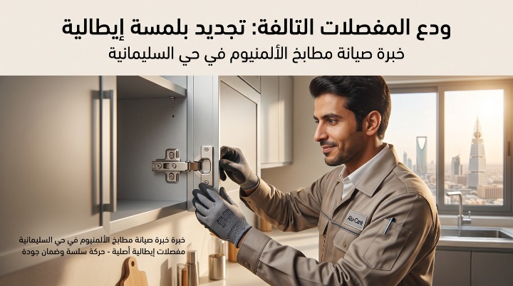 ✅ صورة تظهر فني صيانة يبتسم مرتدياً زياً عملياً وقفازات، أثناء تركيب وضبط مفصلة معدنية لامعة في دولاب مطبخ ألمنيوم رمادي. مكتوب أعلى الصورة: "ودع المفصلات التالفة: تجديد بلمسة إيطالية"، وأسفلها "خبرة صيانة مطابخ الألمنيوم في حي السليمانية". وفي الزاوية السفلية نص يوضح جودة العمل: "مفصلات إيطالية أصلية - حركة سلسة وضمان جودة". ويظهر في الخلفية من النافذة مبانٍ حديثة شاهقة.