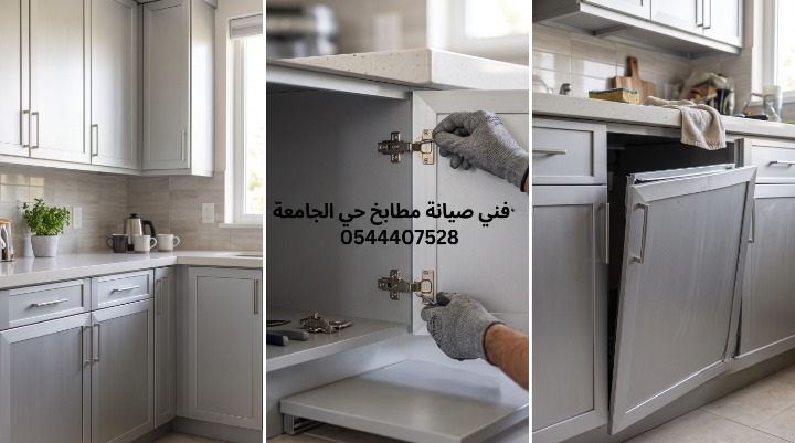 تعرض صيانة دواليب المطبخ. الجزء الأيمن يوضح باب دولاب مائل ومعرض للسقوط. الجزء الأوسط يظهر فني يرتدي قفازات ويستخدم مفك براغي لضبط المفصلات، مع نص: فني صيانة مطابخ حي الجامعة 0544407528. الجزء الأيسر يعرض دواليب مطبخ ألمنيوم متناسقة ومغلقة بإحكام بعد الصيانة.