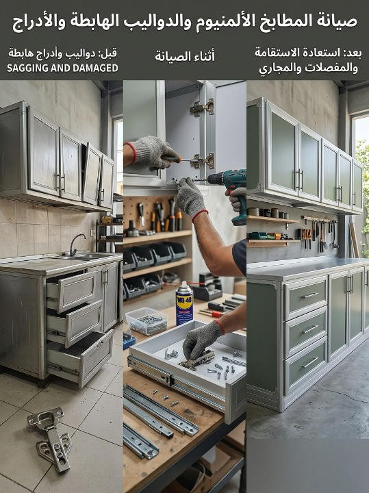 ✅ صورة توضح دقة معلم صيانة مطابخ حي النزهة بجدة أثناء وزن أبواب الألمنيوم المائلة وتغيير المفصلات التالفة لتعود الدواليب للعمل بانسيابية تامة.