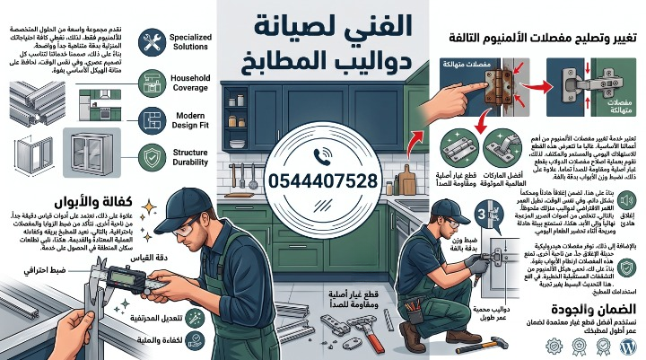توضح خدمات الفني لصيانة دواليب المطابخ. يعرض الجزء الأيمن خطوات تغيير وتصليح مفصلات الألمنيوم التالفة واستبدالها بقطع أصلية مقاومة للصدأ لإغلاق هادئ. في المنتصف رقم التواصل 0544407528. الجزء الأيسر يظهر فنيا يستخدم أدوات قياس دقيقة لضبط الزوايا باحترافية، مع نصوص تؤكد على الضمان والجودة العالية.