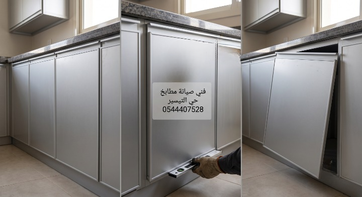 ✅ صورة واقعية طبيعية مئة في المئة توضح أبواب دواليب ألمنيوم مائلة وواقعة من الخارج قبل بدء خدمة تجديد مطابخ المنيوم في التيسير وتغيير الأرفف، لإبراز التلف الخارجي بوضوح.