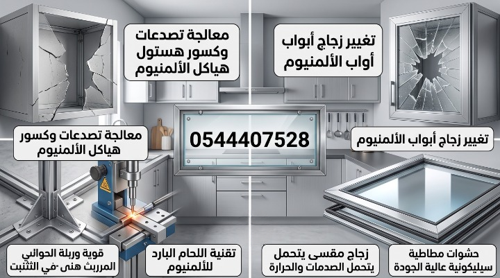 تصدعات وكسور هياكل الألمنيوم وتغيير زجاج أبواب الألمنيوم. الجزء الأيمن يعرض زجاج باب ألمنيوم محطما، ونافذة زجاجية جديدة مع نصوص تشير إلى حشوات مطاطية سيليكونية عالية الجودة وزجاج مقسى يتحمل الصدمات والحرارة. الجزء الأيسر يعرض هيكل ألمنيوم متصدعا وآلة تستخدم تقنية اللحام البارد للألمنيوم لمعالجة الكسور. في المنتصف يوجد الرقم 0544407528.