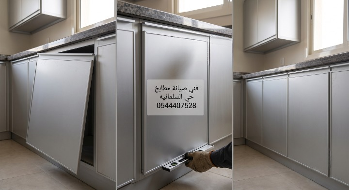 ✅ صورة تظهر فني متخصص بوزن وتثبيت دواليب المطبخ. اللقطة مقسمة لثلاثة أجزاء في مطبخ حديث بأبواب ألمنيوم فضية مصقولة وأسطح غرانيت داكنة. يظهر في الجزء الأوسط يد ترتدي قفازاً تستخدم مفتاح ربط لشد مسمار مفصلة باب، ويد أخرى تمسك بميزان ماء لضبط استقامة حافة الباب السفلية. ويوجد نص عربي: فني صيانة مطابخ حي السليمانية 0544407528. الجزء الأيمن يوضح باباً ألمنيوم فضياً مائلاً قبل الصيانة، وذلك ضمن أعمال صيانة مطابخ حي السليمانية بجدة.
