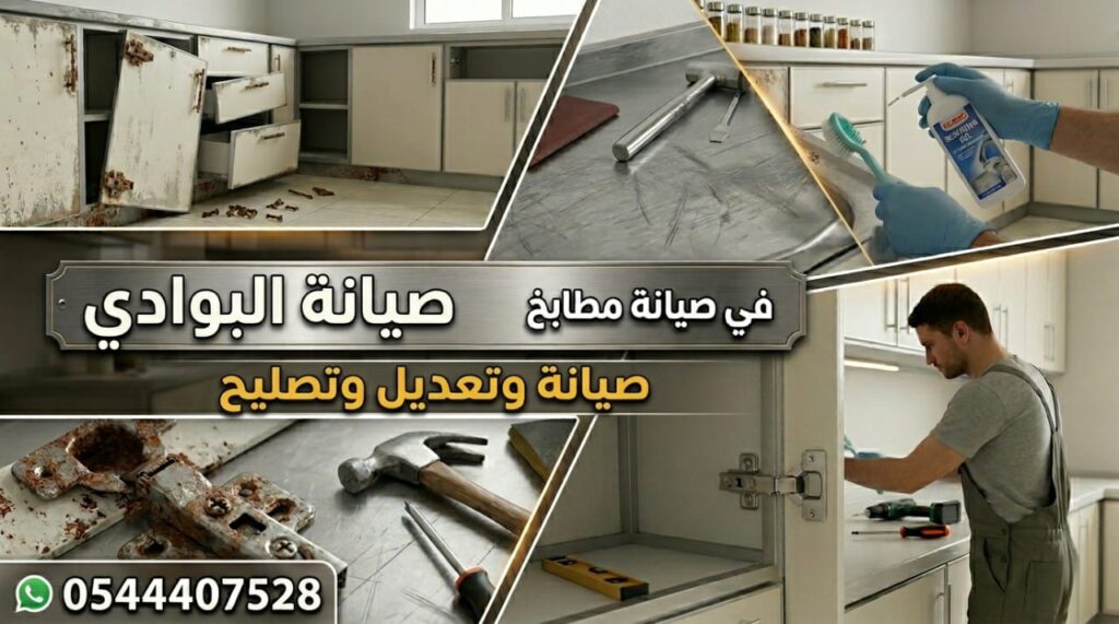 ✅ صورة توضح براعة فني صيانة مطابخ حي البوادي بجدة في صيانة دواليب الألمنيوم وتغيير المفصلات التالفة ليعود المطبخ كالجديد تماماً وبأعلى مستويات الجودة الفنية الممكنة لضمان رضا العميل التام.