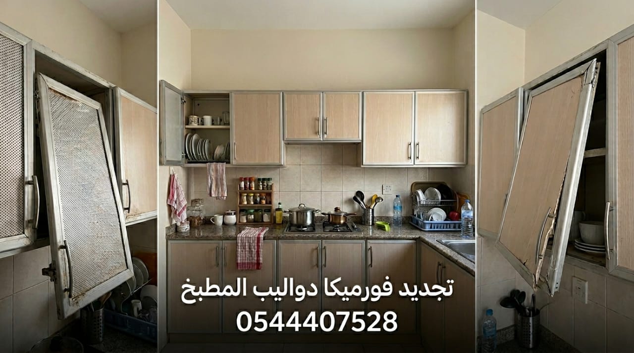 ✅ صورة تبرز مهارة فني صيانة المطابخ بجدة أثناء تجديد فورميكا دواليب المطبخ التالفة وتركيب ألواح فورميكا جديدة مقاومة للحرارة والخدش بكفاءة عالية.