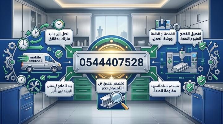 صورة إنفوجرافيك بعنوان ورشة صيانة مطابخ الألمنيوم. يعرض التصميم في المنتصف رقم التواصل 0544407528 مع عبارة: تخصص عميق في الألمنيوم حصرا. في الجانب الأيسر تظهر سيارة ورشة متنقلة مع نصوص: نصل إلى باب منزلك بدقائق، ويتم الإصلاح في نفس الزيارة دون تأخير. في الجانب الأيمن تظهر آلة تفصيل مع نصوص: تفصيل القطع الناقصة أو التالفة بورشة العمل، ونستخدم خامات ألمنيوم مقاومة للصدأ.